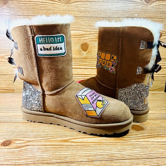 Bailey Bow Ugg Boots NWOB custom bling with patches - Picture 9 of 10